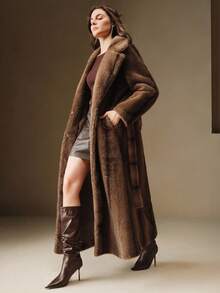 Anewsta 女士优雅翻领双色仿皮草束腰长款冬季外套 - 棕色 - 查看 3