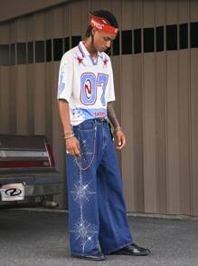 AXEPEAK Men's Long Straight Leg Rhinestone Embellished Jeans - Blue - View 6