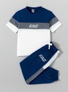 SHEIN Bộ 2 áo thun tay ngắn cổ tròn in chữ màu đơn giản cho bé trai tuổi teen, thích hợp mặc đi làm, đi học, mặc thường ngày, thể thao, quần áo xuân/hè trở lại trường - Màu xanh lam - Xem 1