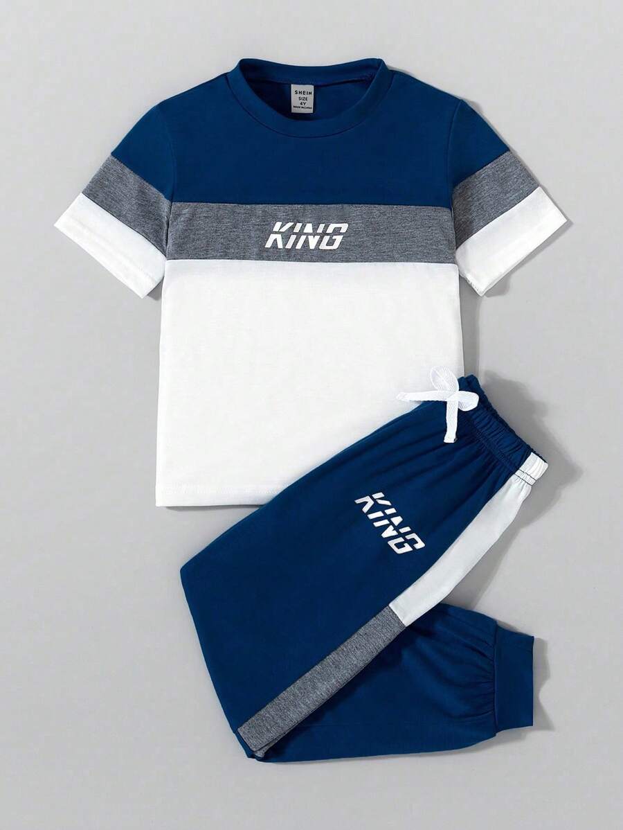 SHEIN Bộ 2 áo thun tay ngắn cổ tròn in chữ màu đơn giản cho bé trai tuổi teen, thích hợp mặc đi làm, đi học, mặc thường ngày, thể thao, quần áo xuân/hè trở lại trường - Màu xanh lam - Xem 1