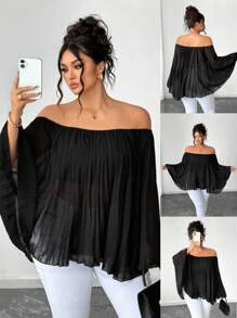 SHEIN Elenzya 大码女式纯色褶皱露肩蝙蝠袖宽松时尚衬衫 - 黑色 - 查看 1