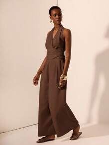 Zivah 2025 春夏新款音乐节、复活节、圣帕特里克节、西部风格、游牧风格、生日、毕业典礼、学院风、学生装、日常休闲、基本百搭、休闲、度假、邮轮旅行、海滩、日光浴、病毒式传播、街头风格、婚礼宾客波西米亚风、通勤、早午餐、机场装 - 杏色吊带交叉系带上衣和阔腿亚麻裤 2 件套 - 棕色 - 查看 3