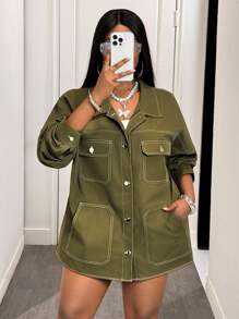 Slaydiva 大码秋冬新款女装，宽松休闲超大款工装外套，外缝拼接设计，橄榄绿大码女式外套 - 綠色 - 查看 11