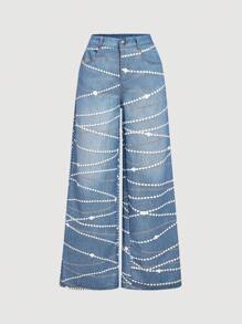SHEIN MOD Light Wash Blue Pearl Print Palazzo Pants, Autumn - Light Wash - View 2