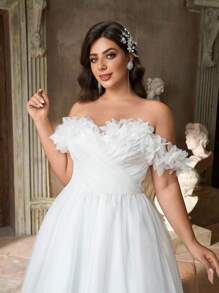 Aureia Váy trễ vai ren hoa 3D màu trắng lãng mạn thanh lịch cỡ lớn, viền bèo nhún hở lưng, thích hợp cho tiệc tối, hẹn hò ăn tối, kỳ nghỉ, sinh nhật, tốt nghiệp, đám cưới, phù dâu và các dịp trang trọng khác - trắng - Xem 1