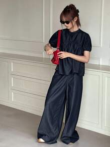 Dazy Kids 少女圆领泡泡袖褶饰上衣和宽腿宽松牛仔套装 - 深色水洗藍 - 查看 4