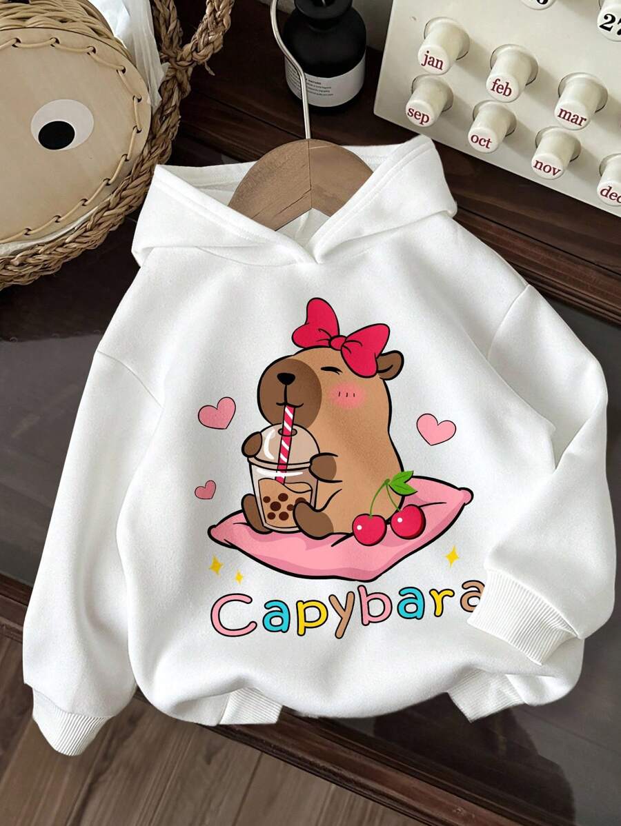 SHEIN Leap Crew Họa tiết da báo Capybara dễ thương, Họa tiết nơ anh đào dễ thương, Phong cách Kawaii, Chill Chill Summer, Áo nỉ trùm đầu dài tay dày thường ngày cho bé gái tuổi mới lớn, Thích hợp cho mùa thu/đông, Quay lại trường, Y2K, Quần áo mùa thu - trắng - Xem 1