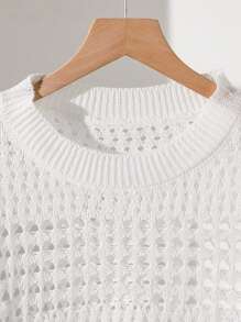 Teen Girl Casual Versatile Solid Color Hollow Knitted Sweater White Cropped Sweater Cropped Sweater White Sweater Knit Top Long Sleeve Crop Top Casual Short Knit Sweater For Teens With Round Neck And Three Quarter Length SleevesEveryday White Semi-Sheer Cropped Pullover For Teen Girls With Tight Hem Detail White Knit Pullover For Teen Girls With Drop Shoulder Sleeves And Semi-Sheer Design Teen Girls Short Knit Pullover With Round Neck And Tight Hem For Everyday Wear Open Knit Sweater White Knit Fall Winter - White - View 3