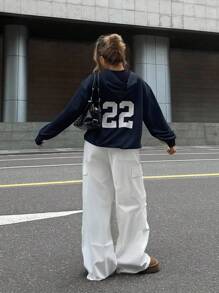 SHEIN 少女休闲宽松舒适连帽运动衫和裤子套装，简约设计，带有数字印花 - 藏蓝色 - 查看 3