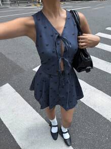 SHEIN Casual & Comfortable Butterfly Decor Top And Mini Skirt 2Pcs Set For Teen Girls