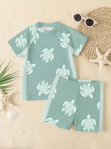 SHEIN Young Boy Casual Cute Cartoon Turtle Print Snug Fit Round Neck Short Sleeve T-Shirt & Tight Shorts Swimming Suit, Suitable For Summer - Multicolor - View 3