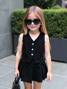 SHEIN Babygirl 黑色吊带背心和百褶裙两件套套装，都市学院风，夏季