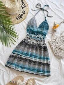Soleia Women's Light Grey Autumn Boho Beach Holiday Vintage Colorful Gradient Yarn V-Neck Hollow Flared Mini Crochet Knitted Sweater Dress For Party,Date - Multicolor - View 3
