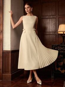 ZEYLAH Round Neck Sleeveless Pleated Patchwork Jacquard Elegant Dress - Apricot - View 6