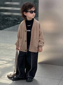 Dazy Kids Toddler Boys' Loose V-Neck Cardigan Jacket, Casual Textured Fabric, Autumn