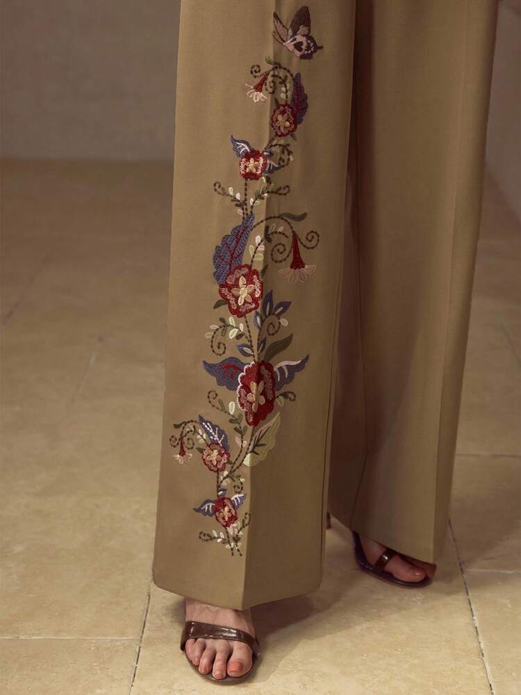 FLORAL EMBROIDERY BUTTON UP TOP & PRESS CREASE PANTS