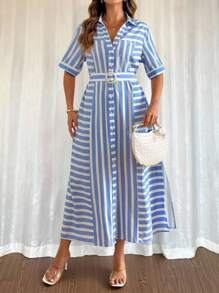 Vionelle 大码女式条纹纽扣衬衫裙