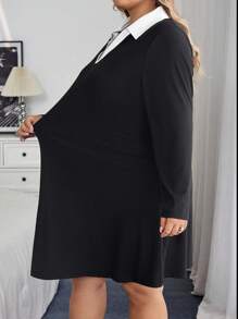 SHEIN CURVE+ Curves 大码/学校服装/返校服装/返校休闲百搭撞色领大码连衣裙大码长袖连衣裙大码工作服 8xl 女装大码黑色连衣裙女式大码连衣裙秋季女士服装、冬季、CURVE PLUS - 黑色 - 查看 7