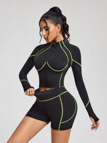 Innovista Woman Contrast Stitching Sports Sets Sophisticated Two Tone Design Workout Clothes Athletic Outfits Training Breathable Active Crop Top Zip Up Jacket T-Shirt With Booty Lifting Shorts Phone Card Pocket Bottom Two Pieces Daily Yoga Cycle Biker HIIT Office To Court Brunch To Gym Two Pieces Multi Function Athleisure All Day Stretchy Activewear Look Utilitarian Chic, Neon Line