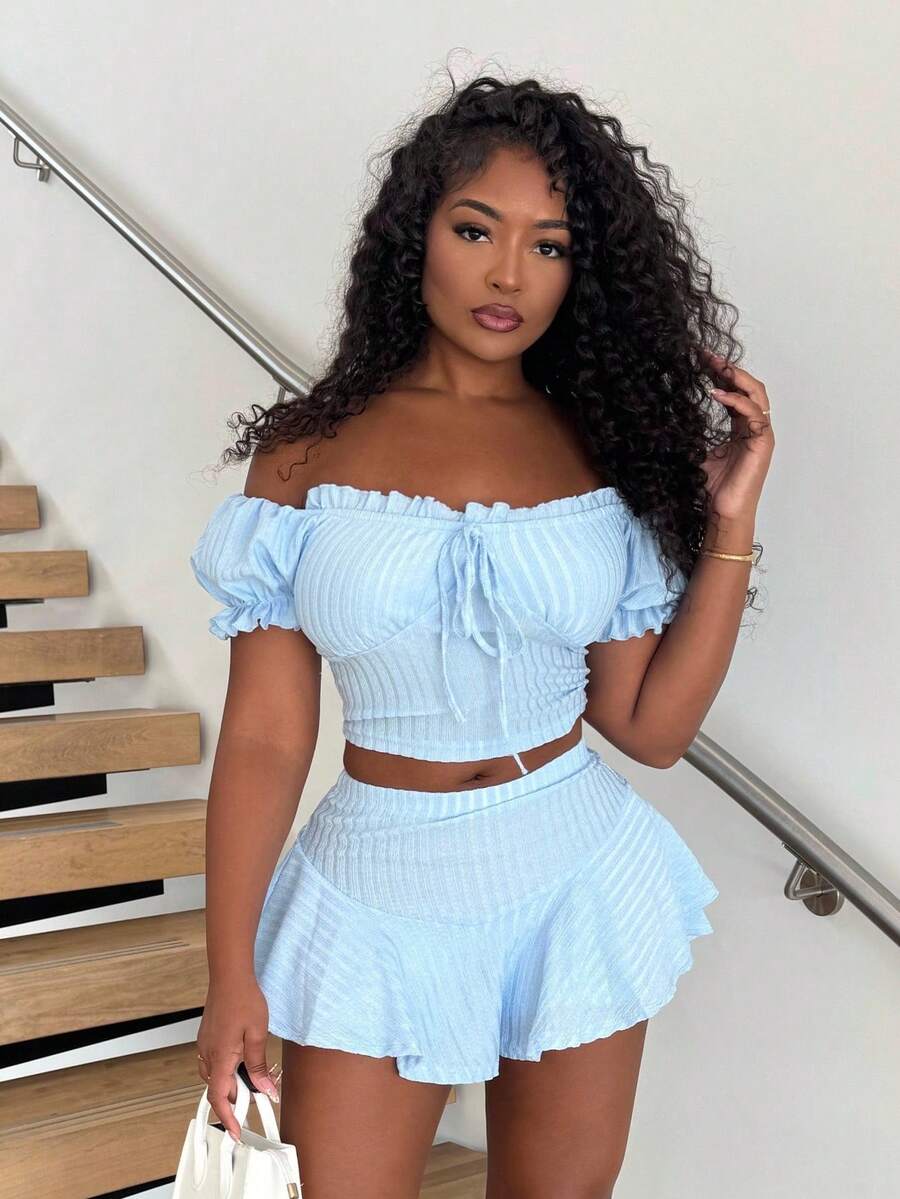 Alexandranx Beach;Summer Vacation Outfits Princess Sleeves Ruffle Holiday White Two Pieces Set - Baby Blue - View 1