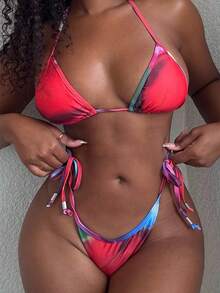 Alexandranx 女士夏季海滩扎染吊带性感比基尼两件套泳衣套装 - 紅色 - 查看 3