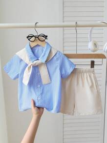 2件套幼儿男童夏季休闲条纹衬衫和短裤套装 - 彩色 - 查看 2