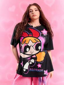 THE POWERPUFF GIRLS X SHEIN 大码女式休闲可爱花朵图案落肩宽松黑色T恤，夏季 - 黑色 - 查看 3
