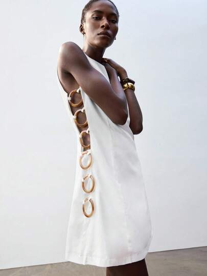 Maija 女士白色沙滩度假圆领腰环链接性感时尚波西米亚无袖短裙，适合夏季、圣帕特里克节、春假、复活节、音乐节