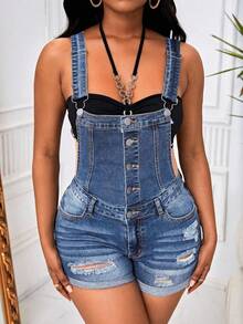 SHEIN SXY Summer Casual Ripped Denim Bib Shorts Denim Overalls - Baby Blue - View 6