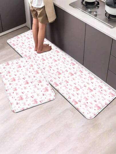 Kawaii 1 pieza Alfombra de cocina con lindo diseño de moño - Felpudo absorbente antideslizante, decoración cottage core tropical kawaii para la cocina, entrada y balcón, fácil de limpiar con respaldo impermeable, almohadilla antifatiga, decoración del hogar