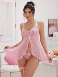 PetitDoll Women 3 PiecesLingerie Set With Embroidered Mesh Ruffle Hem Slip, Garters