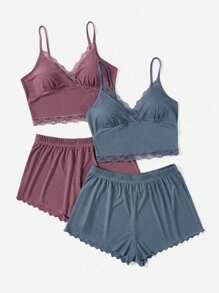 2套蕾丝边吊带背心和短裤休闲套装 - 彩色 - 查看 3