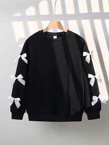 Tween Girls Casual Everyday Versatile Comfortable Round Neck Knitted Sleeve Cute Butterfly Graphic Sweatshirt - Black - View 1