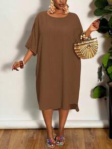 Slaydiva 2025 New Rave/Easter Outfit Women, Old Money Style Women, Country Concert Outfit, Going Out Outfits, Fairycore, Festival Outfits, Tropical Vacation Woman Clothes, Summer Outfits For Women, Summer, Rave, European Summer, Spring Outfits, Western Wear Women Plus, Concert, Graduation Outfit, Versatile Daily Simple Casual Basic Sexy/Minimalist Plus Size, Western Wear Women Plus, Casual Solid Color Mini Dress - ZZ Plus Size Brown Dress Plus Size Oversized Dress Plus Size Khaki Dress Plus Size Casual D - Brown - View 6