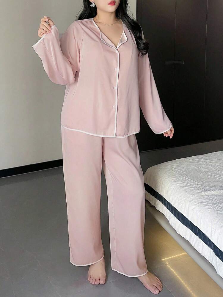 Dazy Plus 2pcs Contrast Color Block Open Front Long Sleeve Top And Loose Lounge Pants Set, Elegant Plus Size Women Sleepwear