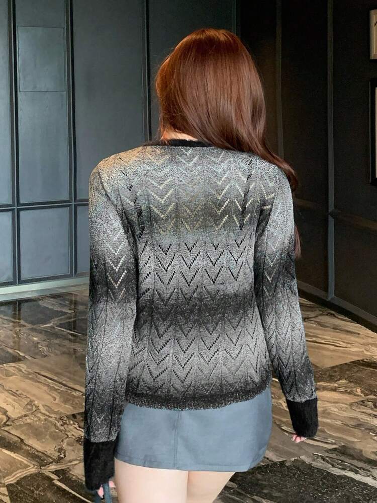 Dazy Plus Contrast Color Gradient Asymmetrical Patchwork Long Sleeve Plus Size Women Cardigan Knit Sweater Jacket