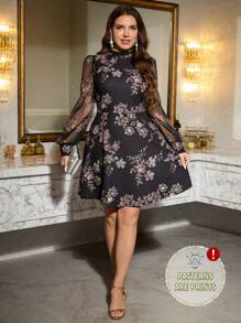 Gownix Plus Size Elegant Mesh Patchwork Faux Sequins Print Long Dress - Multicolor - View 1