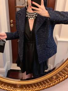 DAZY 女士优雅双排扣立领长袖修身加厚羊毛大衣秋冬夹克 - 藏蓝色 - 查看 6