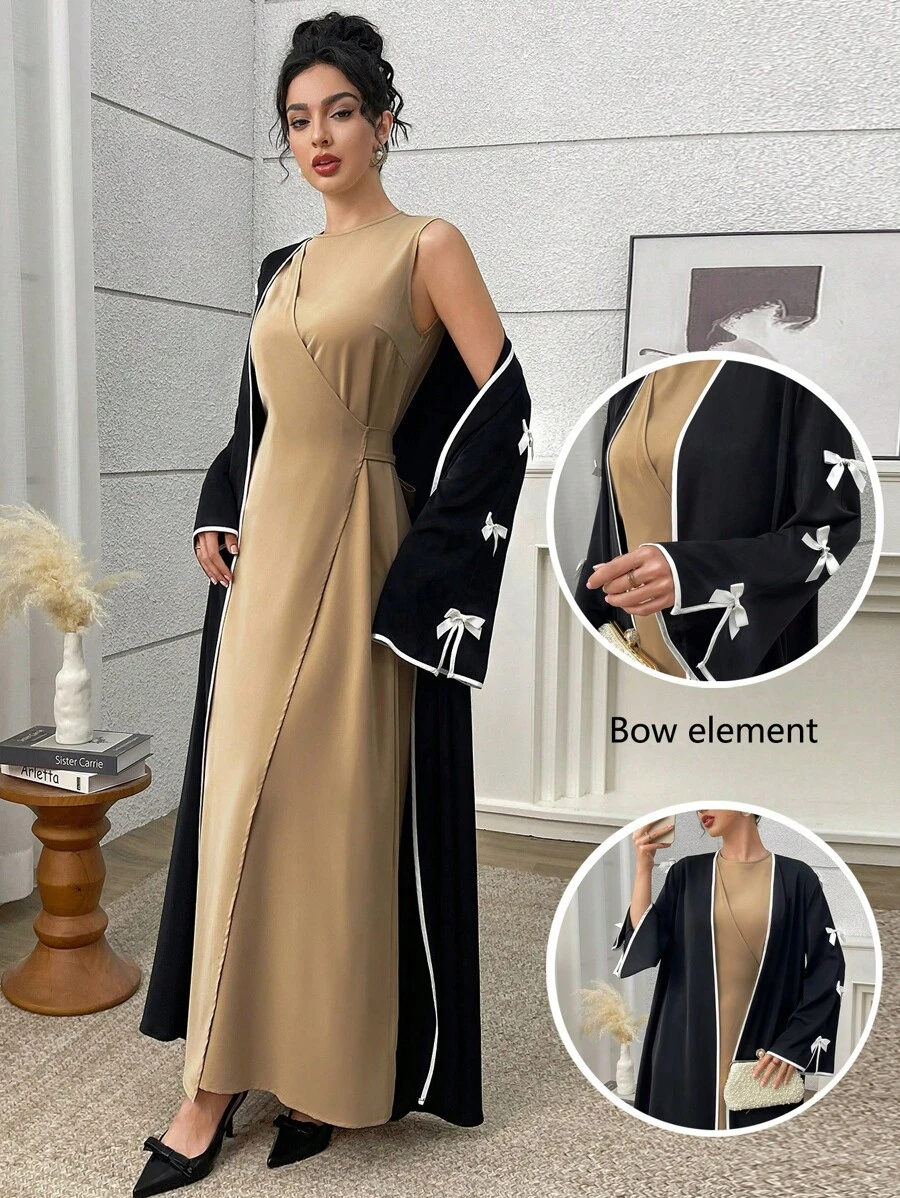 Women's Contrast Trim Butterfly Decor Long Sleeve Abaya, Modest Robe - Black - View 1