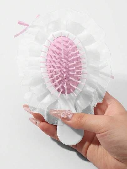 Kawaii 1pc Cute & Sweet Mini Cartoon High-Quality Pink & White Mesh Lace Ribbon Bow Resin Glitter Star Decor Mini Air Cushion Massage Hair Comb, Suitable For Women/Girls Daily Use, Holiday Gift