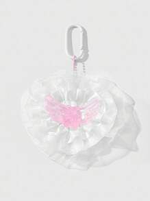 ROMWE Kawaii 1 件可爱卡通亚克力小巧双面镜和梳子套装，精致白色网状丝带，粉色树脂闪光翅膀熊装饰，多功能迷你心形玻璃镜，钥匙扣和包包饰品礼品套装，适合女士 - 粉色 - 查看 3