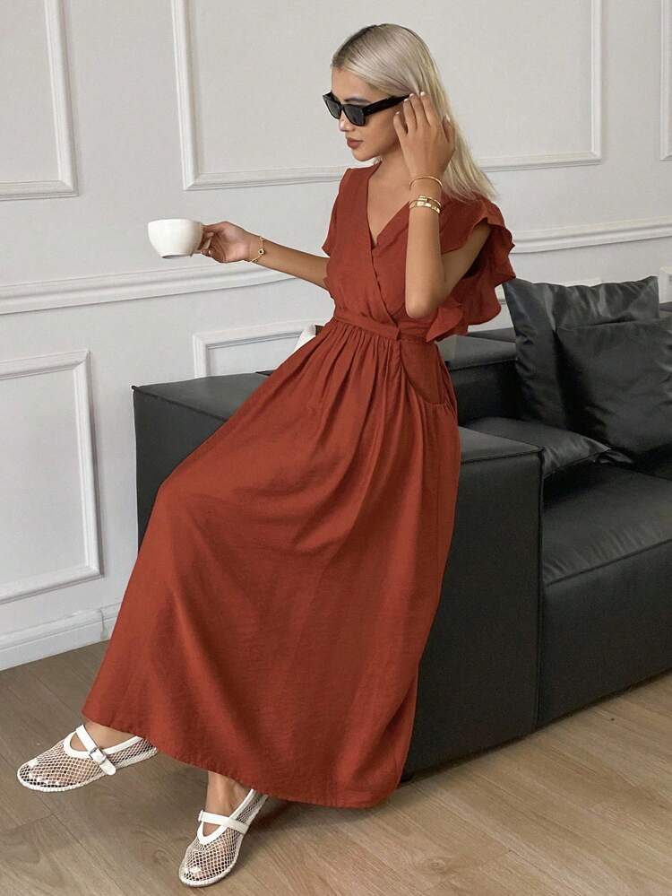 Elegant Solid Color V-Neck Ruffle Trim Mid-Length Women's Fall Dress Maxi Dress