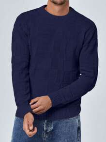 SHEIN Cottnline Men's Round Neck Long Sleeve Sweater - Navy Blue - View 5