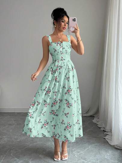 Elenzga New Arrival Floral Elegant Gathered Waist Pleated Long Dress For Women, Spring/Summer