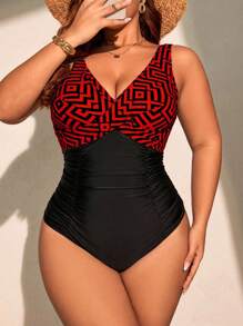 Plus Size Colorblock Print Patchwork One-Piece Swimsuit For Summer Beach Vacation - Multicolor - View 1