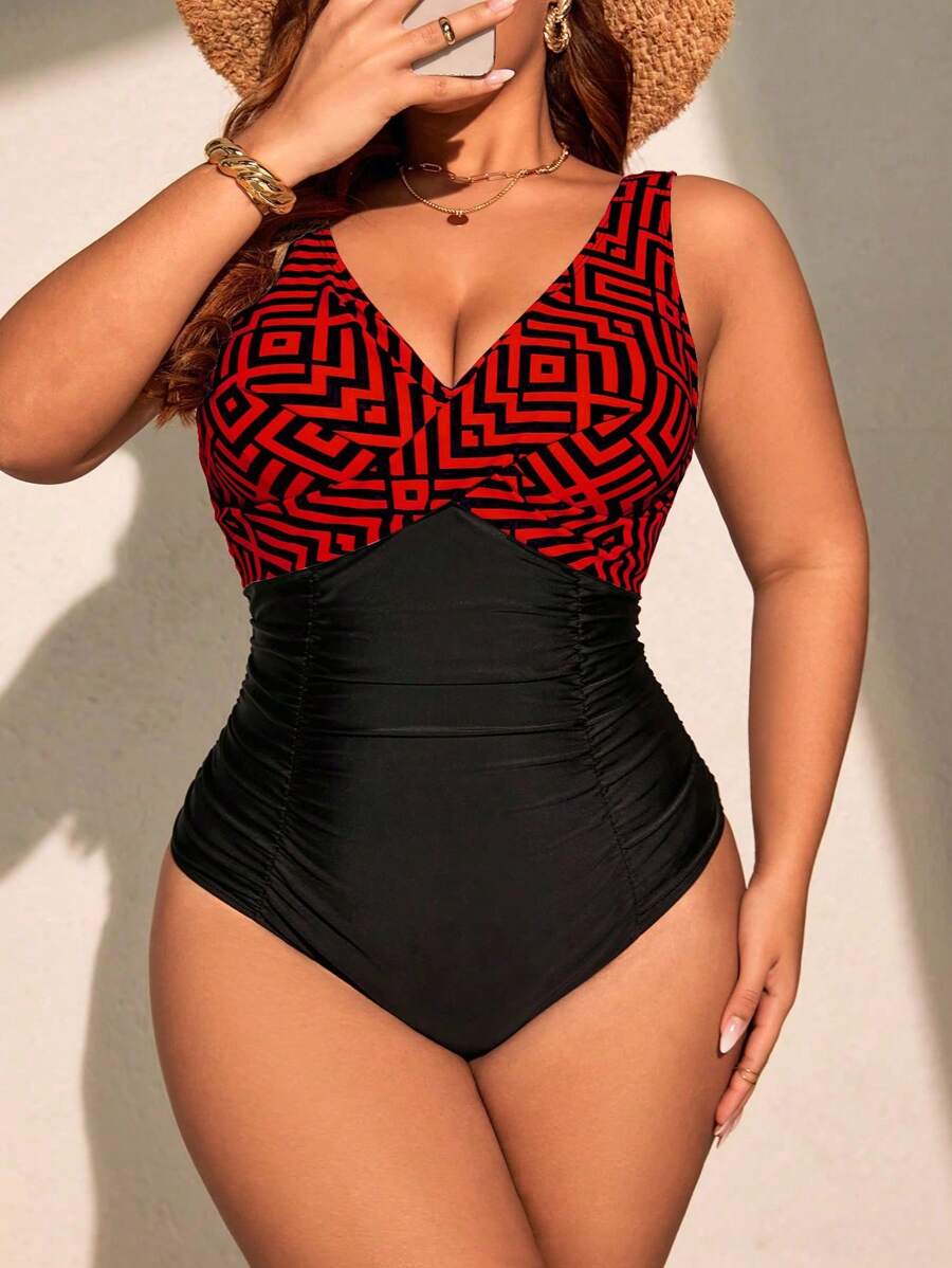 Traje de baño de una pieza con bloques de color y estampado por parches, talla grande - Multicolor - Ver 1