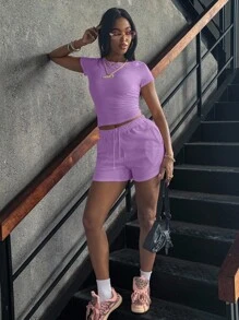 INAWLY Set de tricou și pantaloni scurți la modă pentru femei, de culoare solidă - Mov Mov - Vizualizare 4