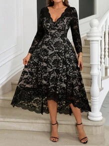 Gownix Curvy Plus Size Women's Lace V-Neck Spliced ​​Short Front And Long Back Romantic Elegant Long-Sleeved Long Dress, Suitable For Autumn And Winter, Guest Party Party Dress, Going Out,Holiday Dress,Christmas Party Dress ,Knit Dress,New Years Outfit - Black - View 5