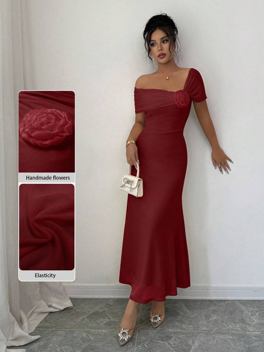 Modelyn 1 件女士时尚露肩花卉 3D 装饰修身优雅连衣裙,春夏 - 酒紅色 - 查看 1