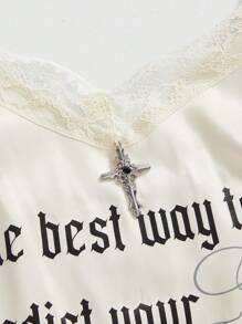 ROMWE Avant 大码夏季时尚标语印花蕾丝花边吊带背心连衣裙 - 杏色 - 查看 3